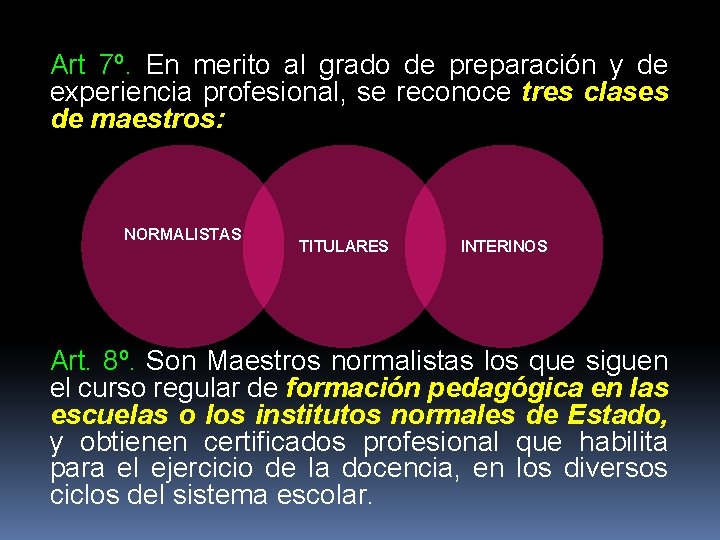 Art 7º. En merito al grado de preparación y de experiencia profesional, se reconoce