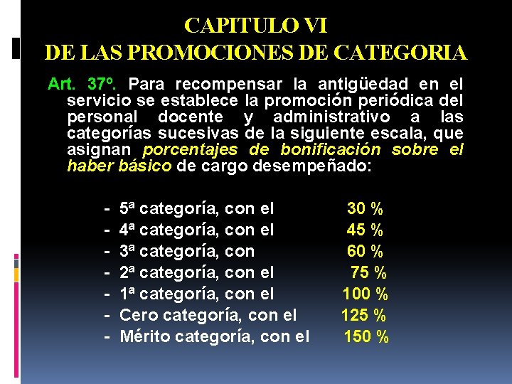 CAPITULO VI DE LAS PROMOCIONES DE CATEGORIA Art. 37º. Para recompensar la antigüedad en