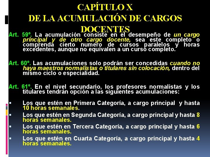 CAPÍTULO X DE LA ACUMULACIÓN DE CARGOS DOCENTES Art. 59º. La acumulación consiste en