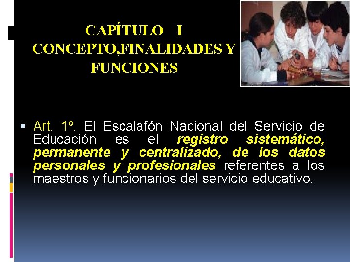 CAPÍTULO I CONCEPTO, FINALIDADES Y FUNCIONES Art. 1º. El Escalafón Nacional del Servicio de