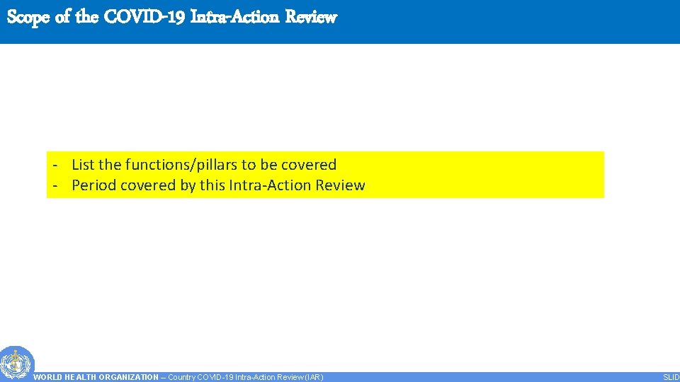 Scope of the COVID-19 Intra-Action Review - List the functions/pillars to be covered -