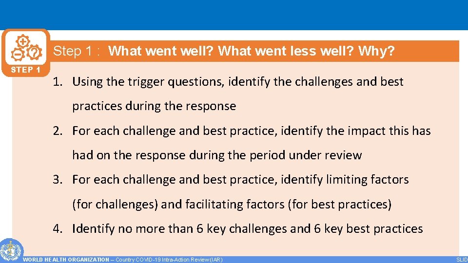 Step 1 : What went well? What went less well? Why? STEP 1 1.