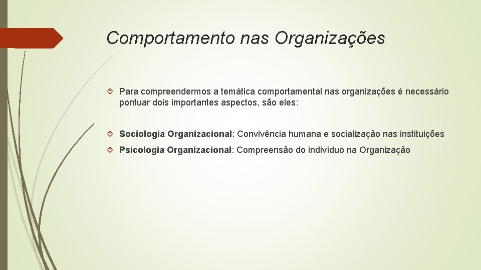 Comportamento nas Organizações Para compreendermos a temática comportamental nas organizações é necessário pontuar dois