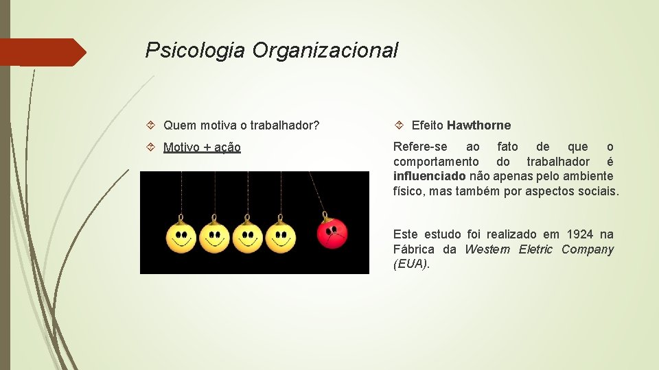 Psicologia Organizacional Quem motiva o trabalhador? Efeito Hawthorne Motivo + ação Refere-se ao fato