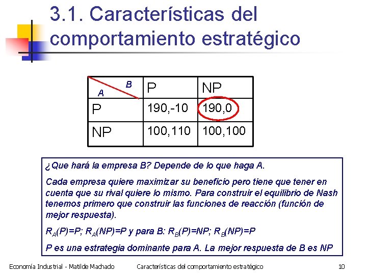 3. 1. Características del comportamiento estratégico B P NP P 190, -10 190, 0