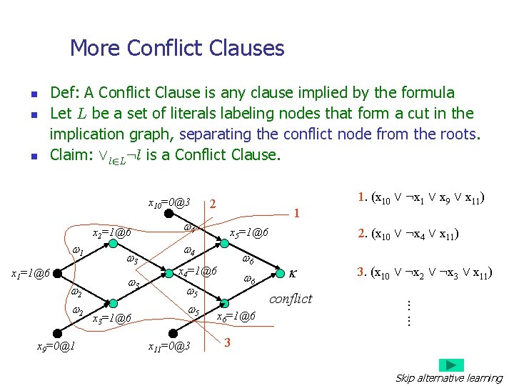 More Conflict Clauses n n n Def: A Conflict Clause is any clause implied