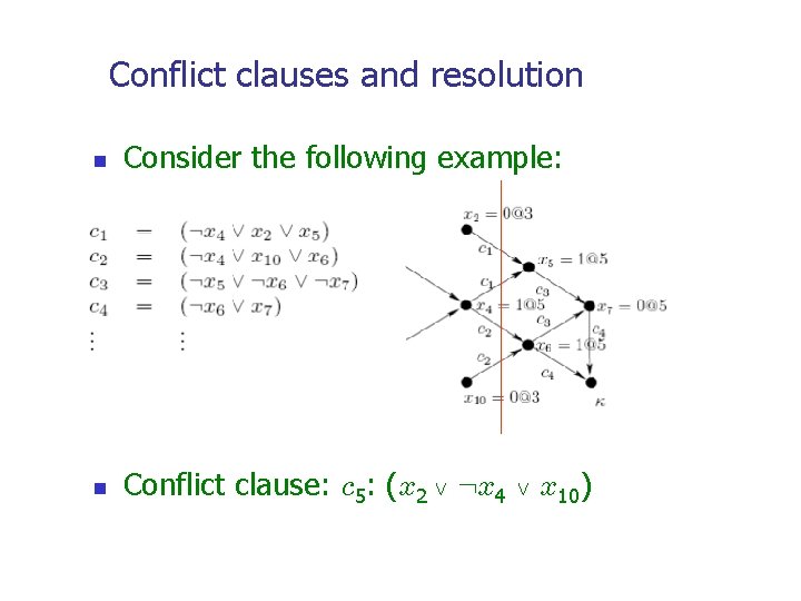 Conflict clauses and resolution n Consider the following example: n Conflict clause: c 5: