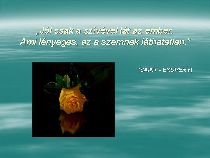 „Jól csak a szívével lát az ember. Ami lényeges, az a szemnek láthatatlan. ” „Jól csak a szívével lát az ember. Ami lényeges, az a szemnek láthatatlan. ”