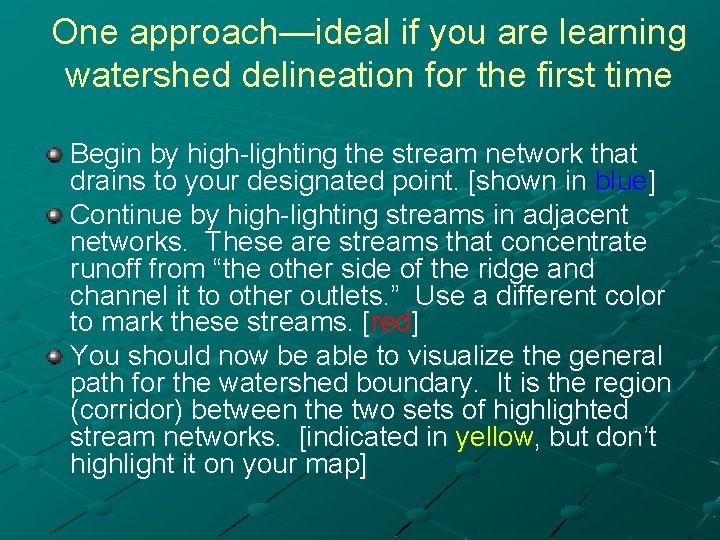 One approach—ideal if you are learning watershed delineation for the first time Begin by