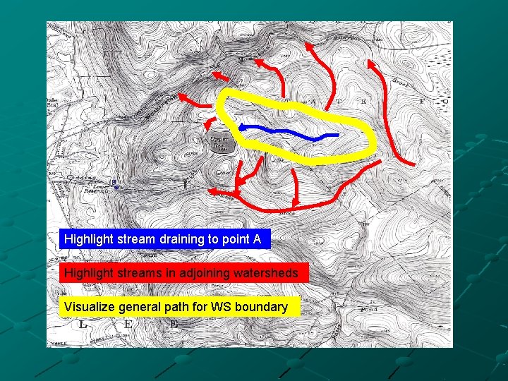 Highlight stream draining to point A Highlight streams in adjoining watersheds Visualize general path