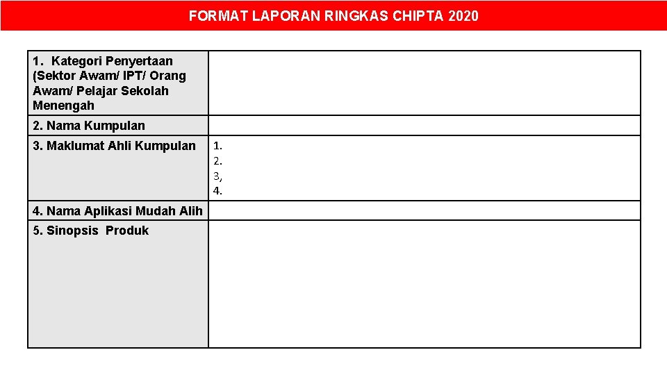 FORMAT LAPORAN RINGKAS CHIPTA 2020 1. Kategori Penyertaan (Sektor Awam/ IPT/ Orang Awam/ Pelajar
