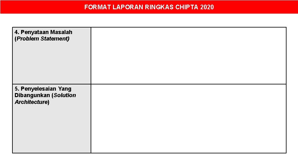 FORMAT LAPORAN RINGKAS CHIPTA 2020 4. Penyataan Masalah (Problem Statement) 5. Penyelesaian Yang Dibangunkan