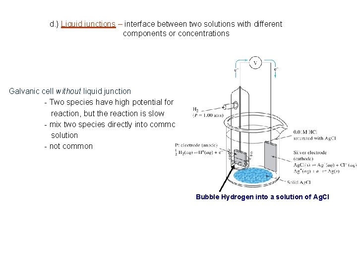 d. ) Liquid junctions – interface between two solutions with different components or concentrations