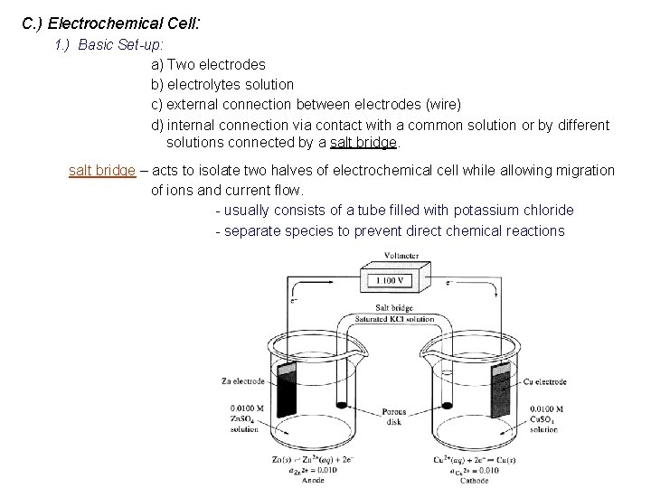 C. ) Electrochemical Cell: 1. ) Basic Set-up: a) Two electrodes b) electrolytes solution