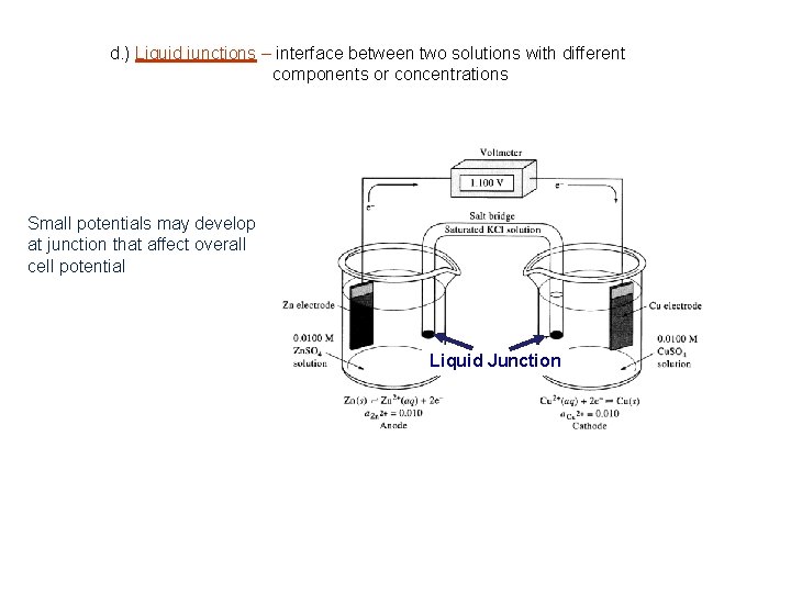 d. ) Liquid junctions – interface between two solutions with different components or concentrations