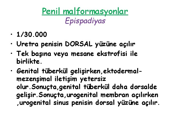 Penil malformasyonlar Epispadiyas • 1/30. 000 • Uretra penisin DORSAL yüzüne açılır • Tek