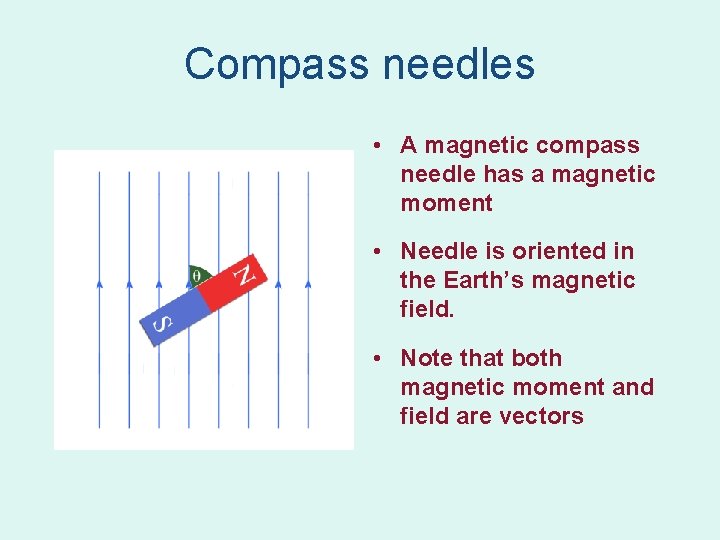 Compass needles • A magnetic compass needle has a magnetic moment • Needle is Compass needles • A magnetic compass needle has a magnetic moment • Needle is