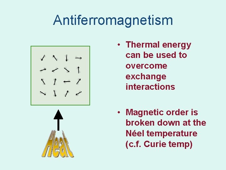 Antiferromagnetism • Thermal energy can be used to overcome exchange interactions • Magnetic order Antiferromagnetism • Thermal energy can be used to overcome exchange interactions • Magnetic order