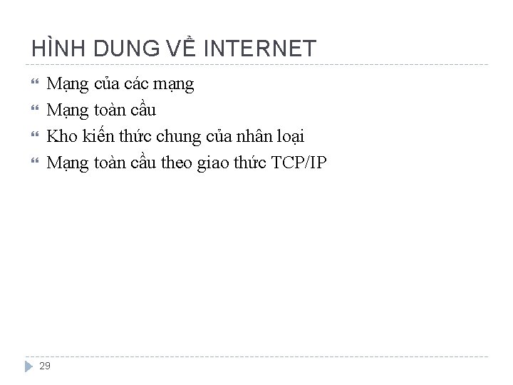 HÌNH DUNG VỀ INTERNET Mạng của các mạng Mạng toàn cầu Kho kiến thức