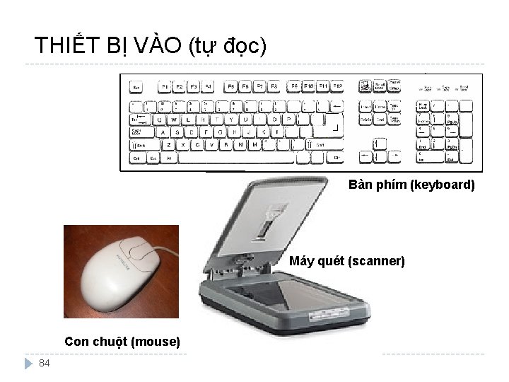 THIẾT BỊ VÀO (tự đọc) Bàn phím (keyboard) Máy quét (scanner) Con chuột (mouse)