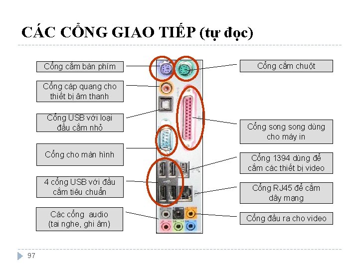 CÁC CỔNG GIAO TIẾP (tự đọc) Cổng cắm bàn phím Cổng cắm chuột Cổng