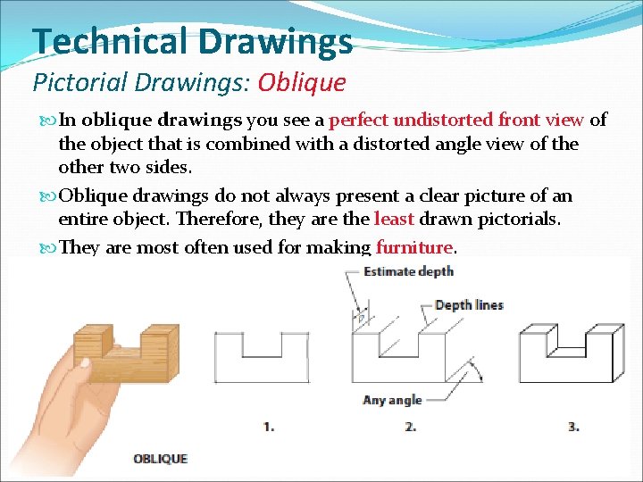Technical Drawings Pictorial Drawings: Oblique In oblique drawings you see a perfect undistorted front