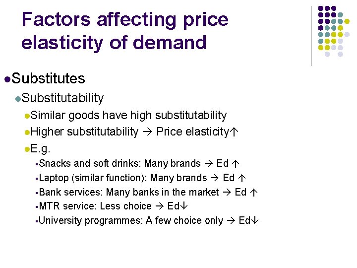 Factors affecting price elasticity of demand l. Substitutes l. Substitutability l. Similar goods have