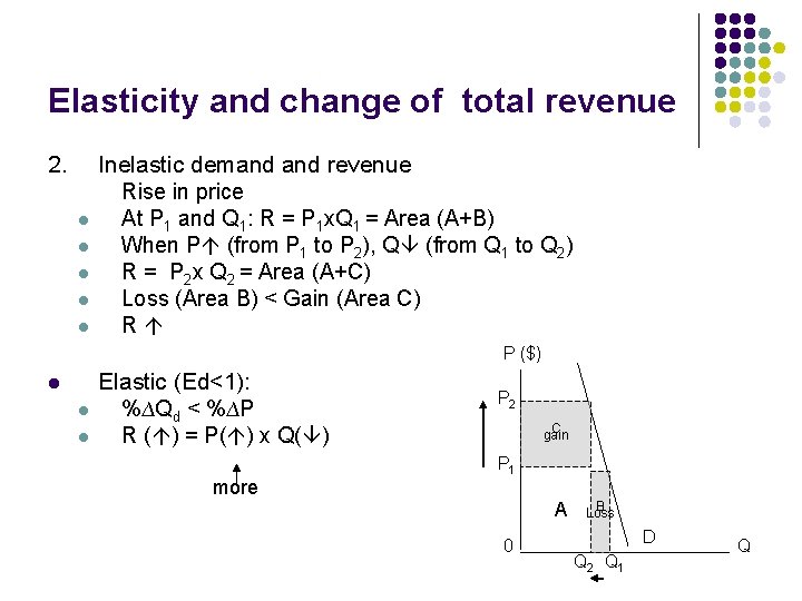 Elasticity and change of total revenue 2. l l l Inelastic demand revenue Rise