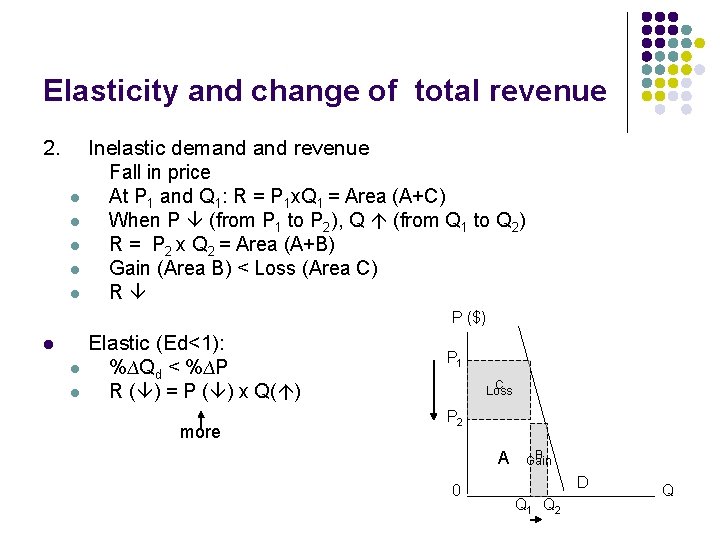 Elasticity and change of total revenue 2. l l l Inelastic demand revenue Fall