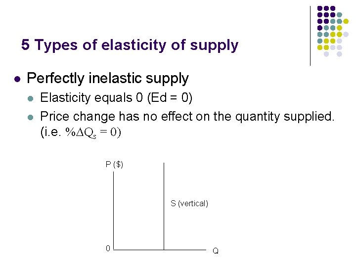 5 Types of elasticity of supply l Perfectly inelastic supply l l Elasticity equals