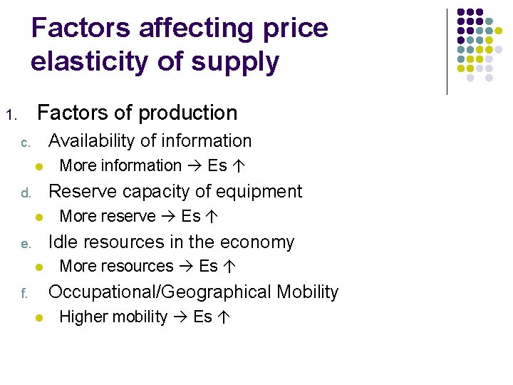 Factors affecting price elasticity of supply Factors of production 1. Availability of information c.