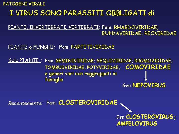 PATOGENI VIRALI I VIRUS SONO PARASSITI OBBLIGATI di PIANTE, INVERTEBRATI, VERTEBRATI: Fam. RHABDOVIRIDAE; BUNYAVIRIDAE; PATOGENI VIRALI I VIRUS SONO PARASSITI OBBLIGATI di PIANTE, INVERTEBRATI, VERTEBRATI: Fam. RHABDOVIRIDAE; BUNYAVIRIDAE;