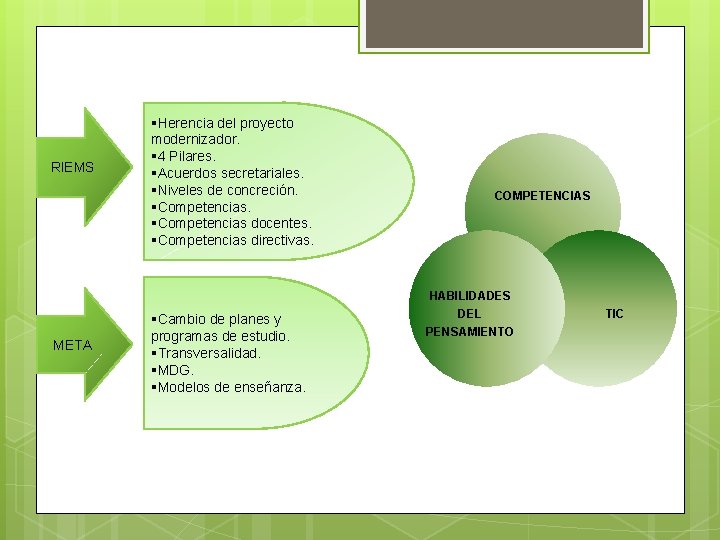 RIEMS META §Herencia del proyecto modernizador. § 4 Pilares. §Acuerdos secretariales. §Niveles de concreción.