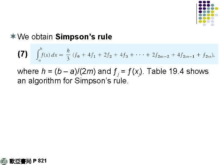 ¬ We obtain Simpson’s rule (7) where h = (b – a)/(2 m) and