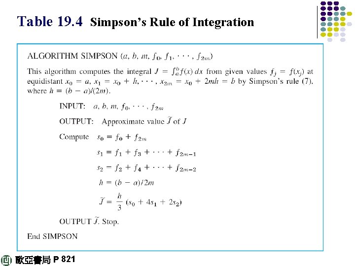 Table 19. 4 Simpson’s Rule of Integration 歐亞書局 P 821 