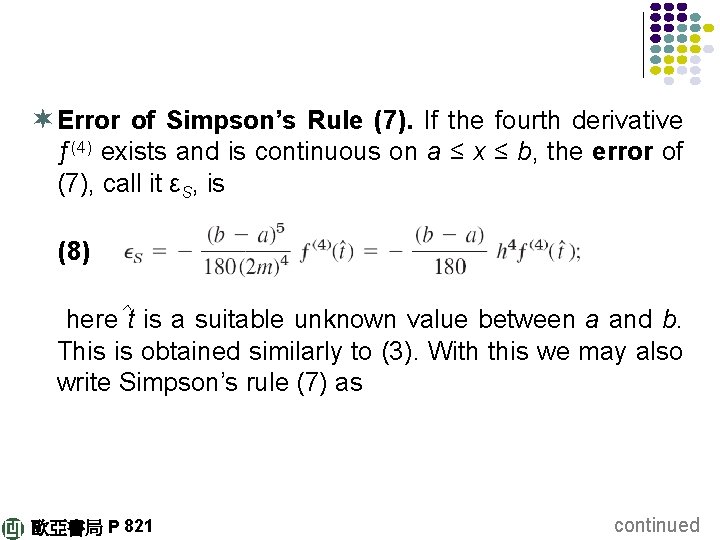 ¬ Error of Simpson’s Rule (7). If the fourth derivative ƒ(4) exists and is