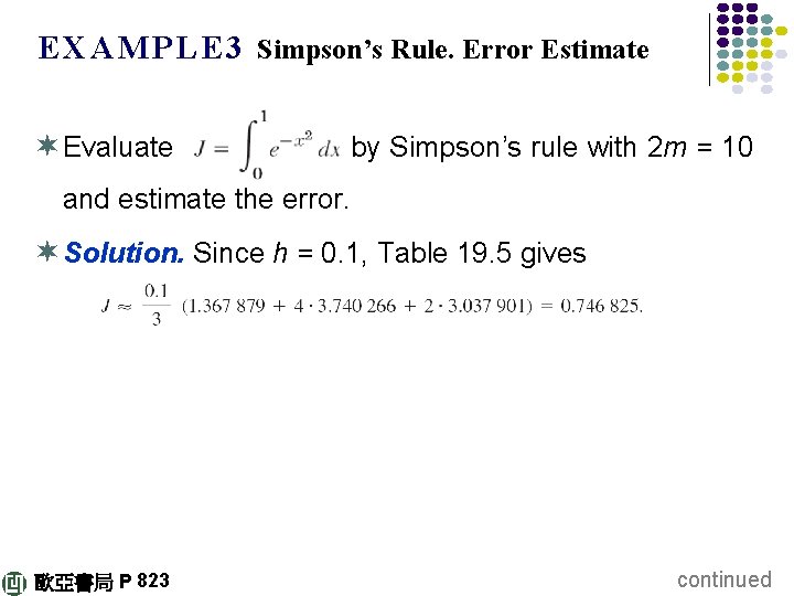E X A M P L E 3 Simpson’s Rule. Error Estimate ¬ Evaluate