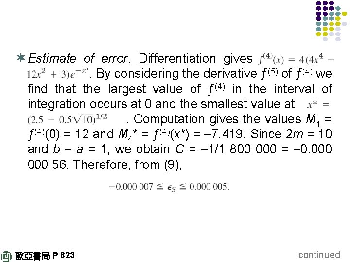 ¬ Estimate of error. Differentiation gives. By considering the derivative ƒ(5) of ƒ(4) we