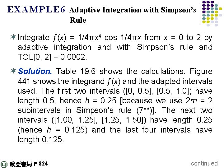E X A M P L E 6 Adaptive Integration with Simpson’s Rule ¬