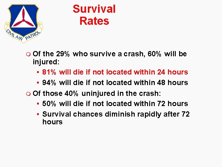 Survival Rates m Of the 29% who survive a crash, 60% will be injured: Survival Rates m Of the 29% who survive a crash, 60% will be injured: