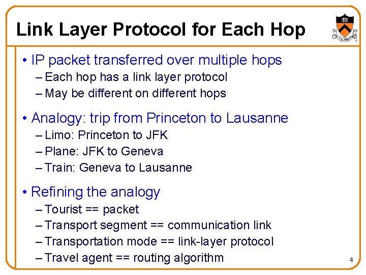 Link Layer Protocol for Each Hop • IP packet transferred over multiple hops –