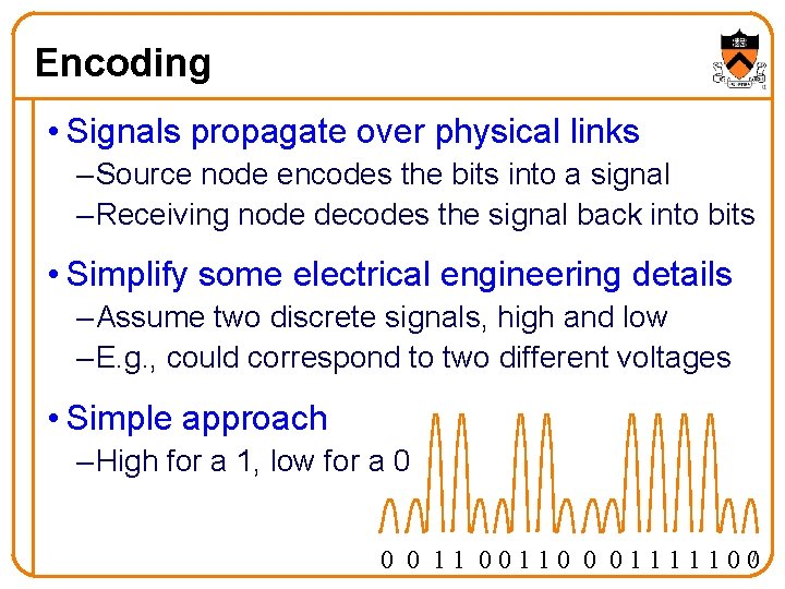 Encoding • Signals propagate over physical links – Source node encodes the bits into