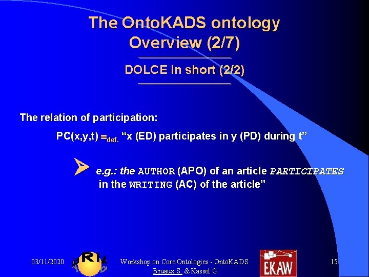 The Onto. KADS ontology Overview (2/7) DOLCE in short (2/2) The relation of participation: The Onto. KADS ontology Overview (2/7) DOLCE in short (2/2) The relation of participation: