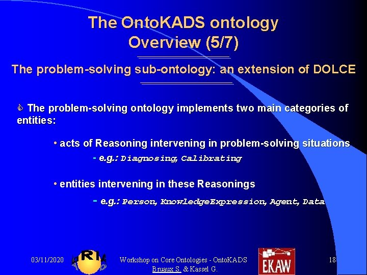 The Onto. KADS ontology Overview (5/7) The problem-solving sub-ontology: an extension of DOLCE C The Onto. KADS ontology Overview (5/7) The problem-solving sub-ontology: an extension of DOLCE C