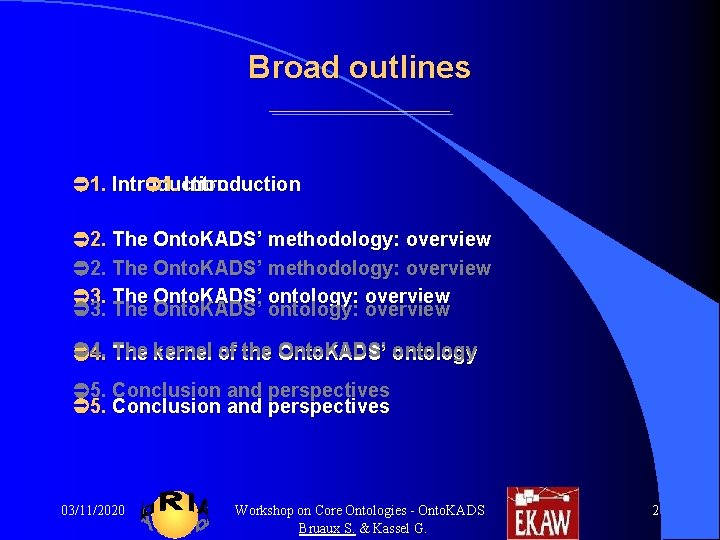 Broad outlines 1. Introduction 2. The Onto. KADS’ methodology: overview 3. The Onto. KADS’ Broad outlines 1. Introduction 2. The Onto. KADS’ methodology: overview 3. The Onto. KADS’
