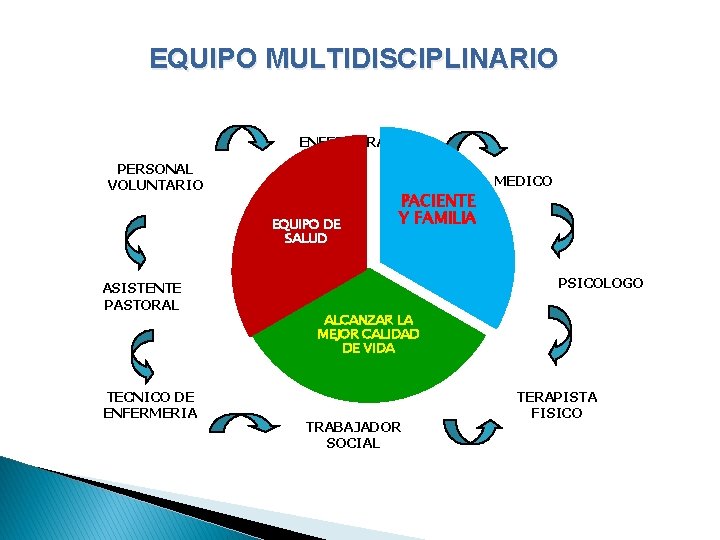 EQUIPO MULTIDISCIPLINARIO ENFERMERA PERSONAL VOLUNTARIO EQUIPO DE SALUD ASISTENTE PASTORAL TECNICO DE ENFERMERIA PACIENTE