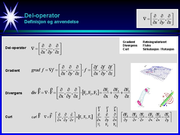 Del-operator Definisjon og anvendelse Del-operator Gradient Divergens Curl Retningsderivert Fluks Sirkulasjon / Rotasjon 