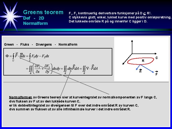 Greens teorem Def - 2 D Normalform F 1, F 2 kontinuerlig deriverbare funksjoner