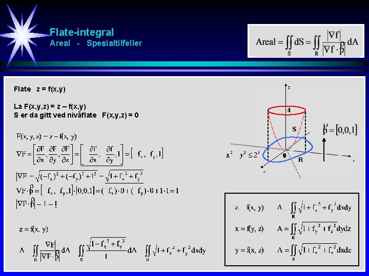 Flate-integral Areal - Spesialtilfeller Flate z = f(x, y) La F(x, y, z) =