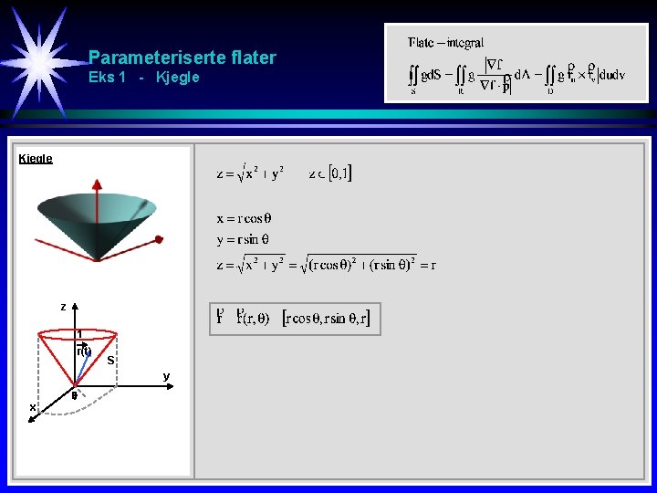 Parameteriserte flater Eks 1 - Kjegle z 1 r(t) S y x 